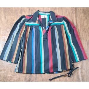 FRITZI Vintage Women's 70s Striped Blouse SZ Med Drawstring Waist Collar 3/4 Sl